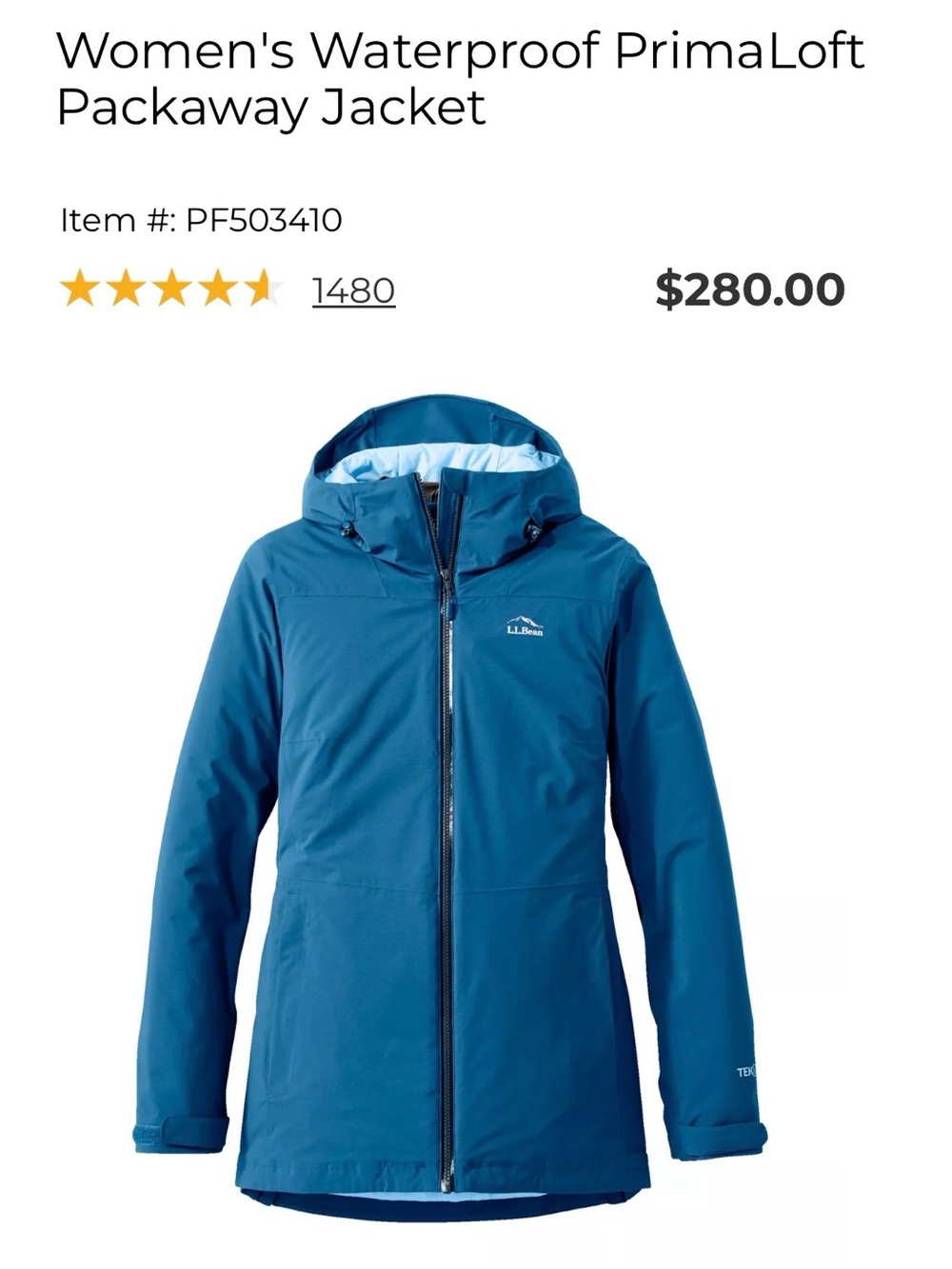 L. L. BEAN Women’s Waterproof PrimaLoft Packaway Jacket Blue Size extra small